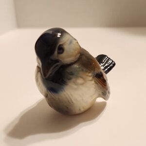 Goebel Ceramic Glazed Sparrow Or Chickadee Figurine in Blue, Brown, Cream, Black